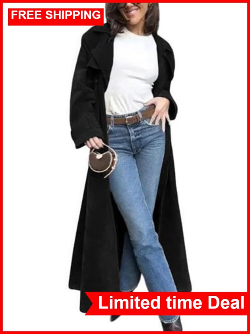 Faux Suede Open Front Maxi Trench Coat Double Breasted Belted Overcoat